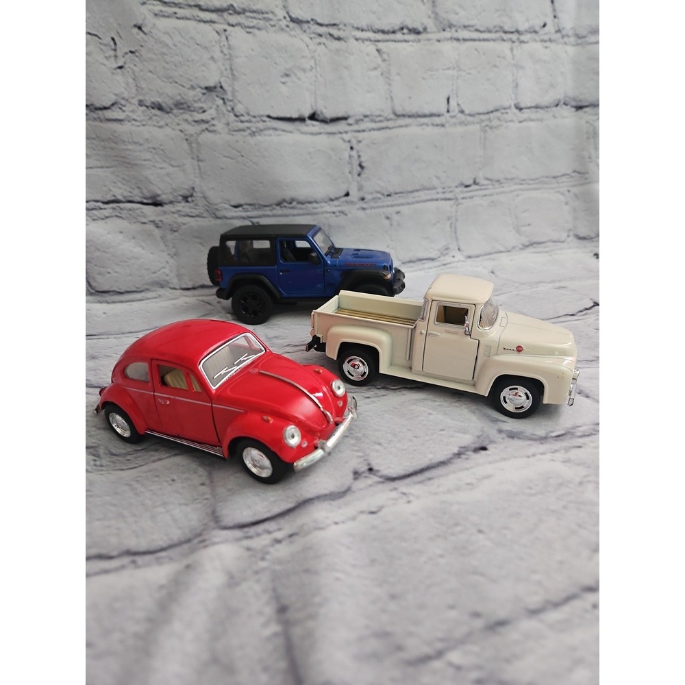 Lot of 3 Kinsmart Diecast Model Cars 1953 Ford F100 Jeep Wrangler VW Beetle